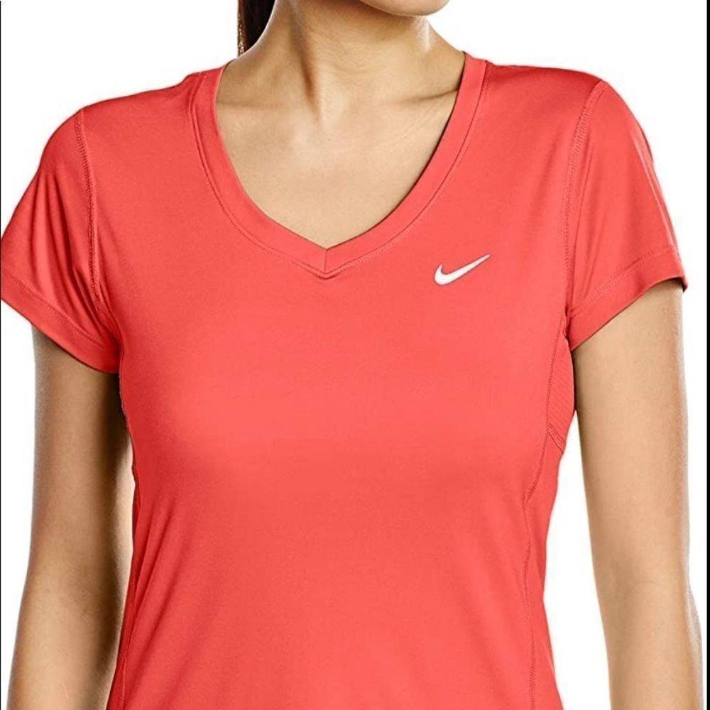 Nike Golf Dri-FIT Womens V-Neck Short Sleeve Mesh Panel Top Coral Red Size